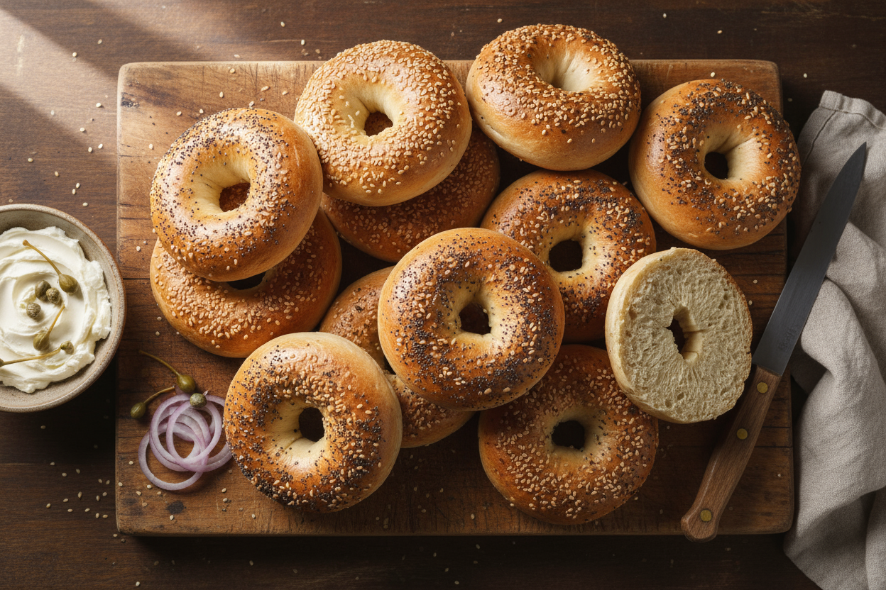 bagels on cutting board