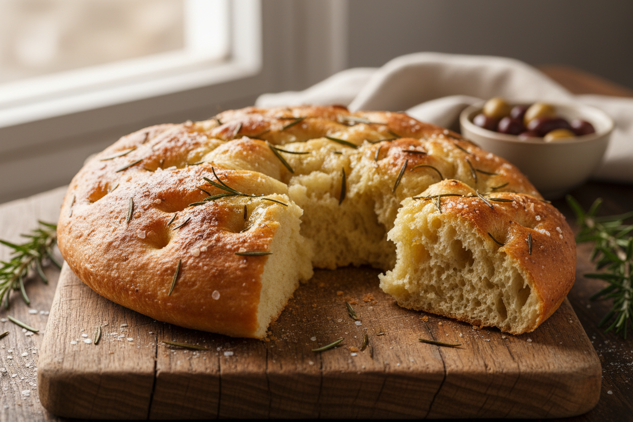 Focaccia bread on a cutting board 